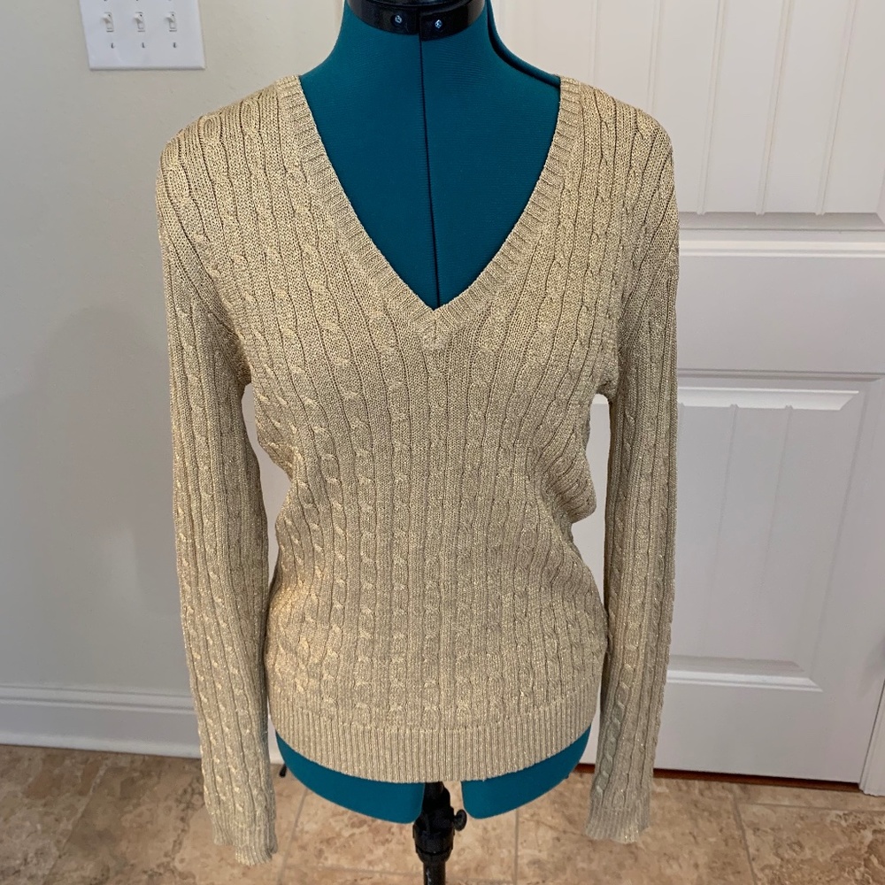 Ralph Lauren Gold Metallic V-Neck Sweater